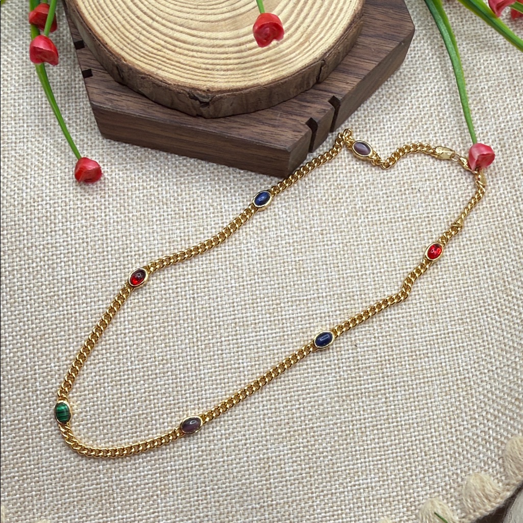 Second Hand Elegant Gold Chain Choker With Multicolor 925 Vermeil